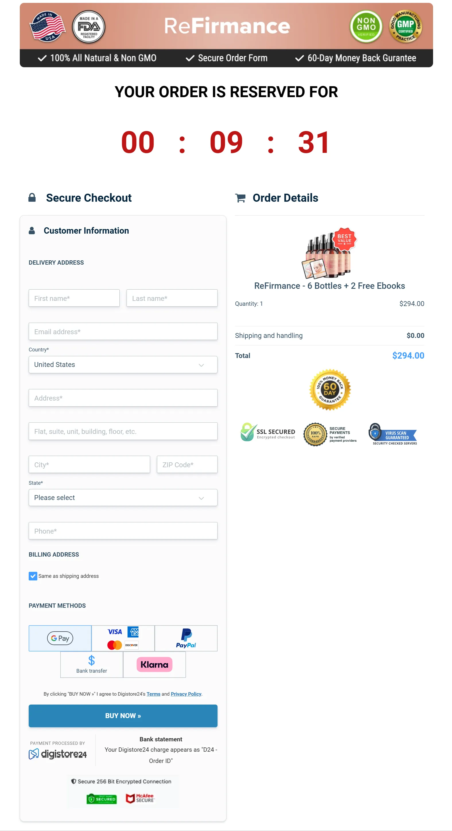 ReFirmance checkout page